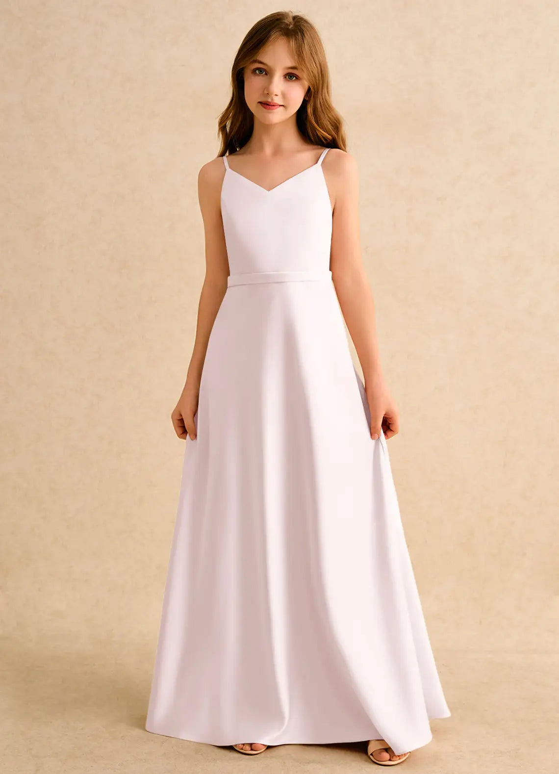 V Spaghetti Strap Solid White Full-Length Junior Bridesmaid Dresses with Optional Chiffon Cape