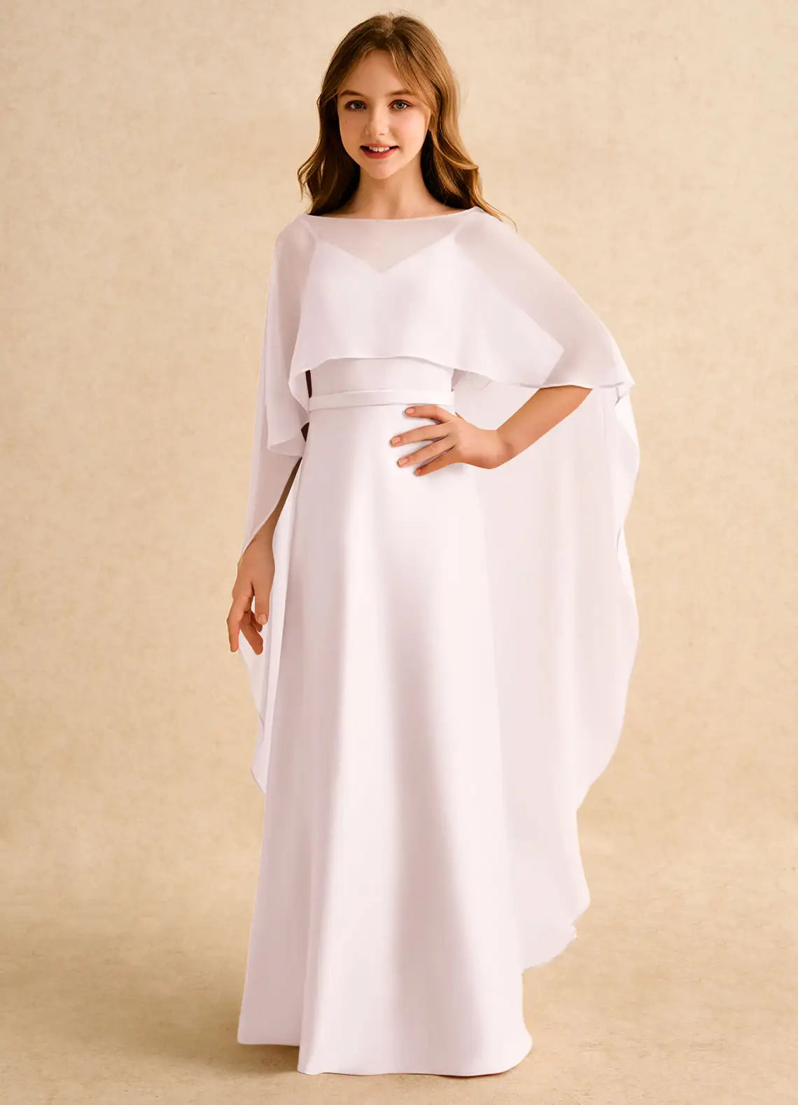 V Spaghetti Strap Solid White Full-Length Junior Bridesmaid Dresses with Optional Chiffon Cape