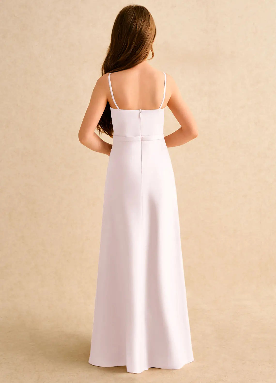V Spaghetti Strap Solid White Full-Length Junior Bridesmaid Dresses with Optional Chiffon Cape