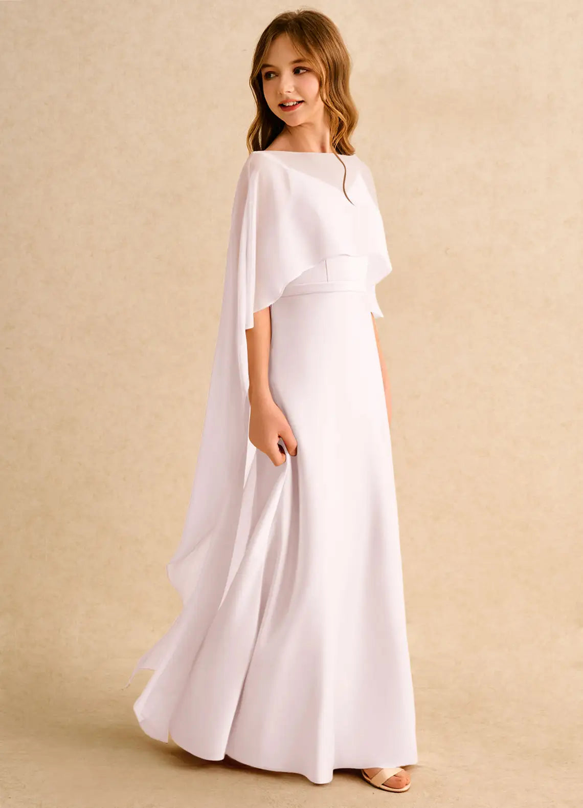 V Spaghetti Strap Solid White Full-Length Junior Bridesmaid Dresses with Optional Chiffon Cape