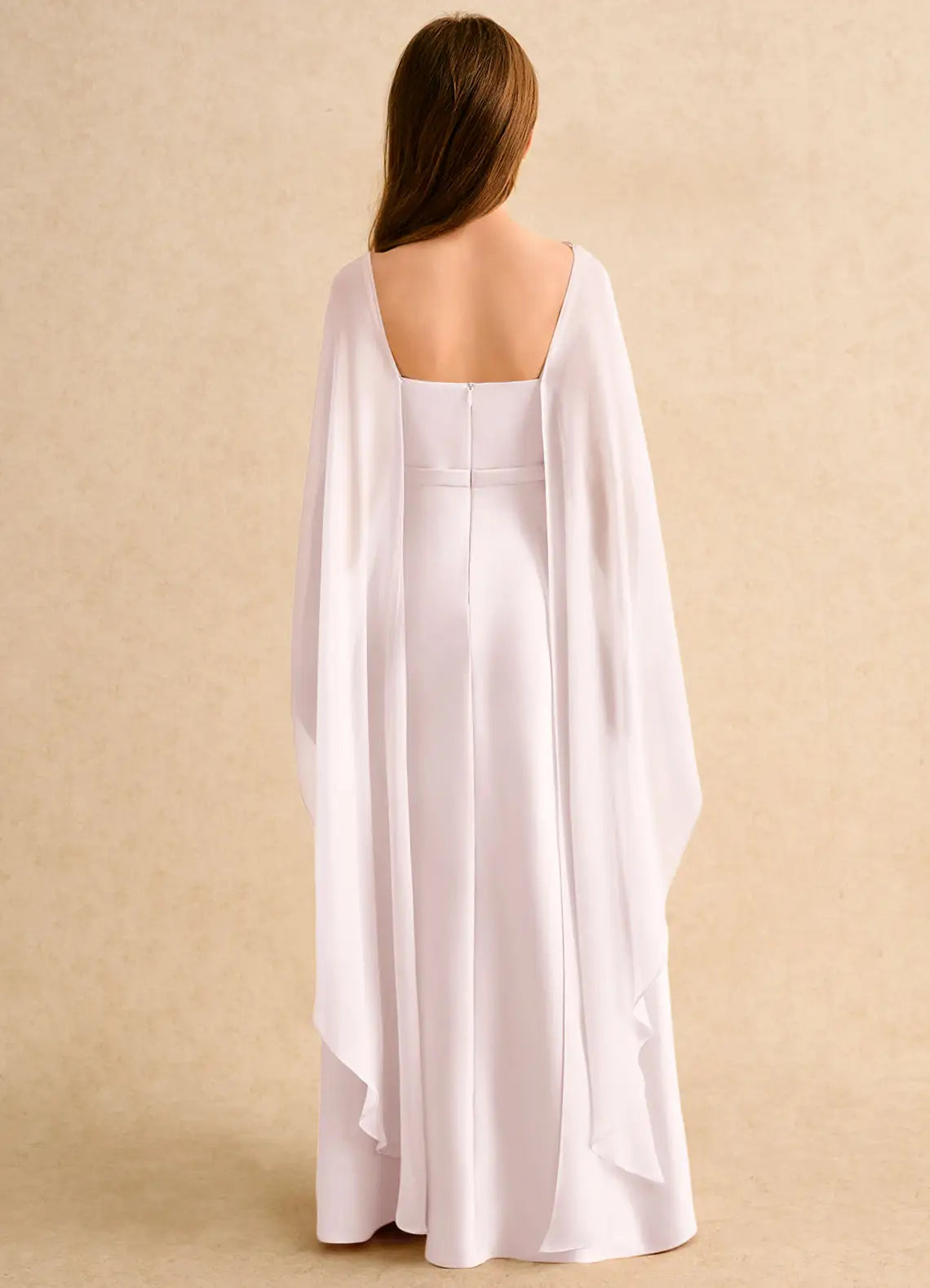 V Spaghetti Strap Solid White Full-Length Junior Bridesmaid Dresses with Optional Chiffon Cape