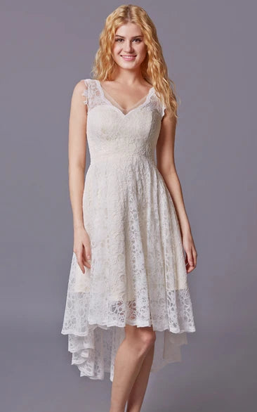V-neck Sleeveless High Low Lace Knee-Length Bridesmaid Dress