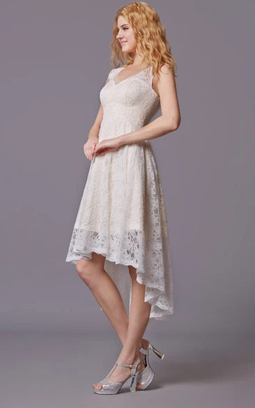 V-neck Sleeveless High Low Lace Knee-Length Bridesmaid Dress