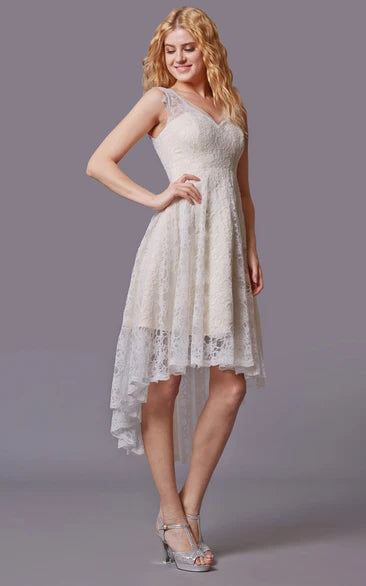 V-neck Sleeveless High Low Lace Knee-Length Bridesmaid Dress