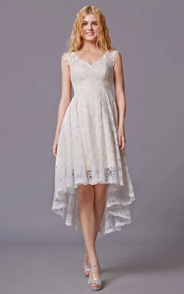 V-neck Sleeveless High Low Lace Knee-Length Bridesmaid Dress