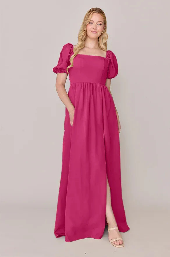 Vibrant A-Line Square Neck Puff Sleeve Tie-Back Slit Floor-Length Bridesmaid Dress