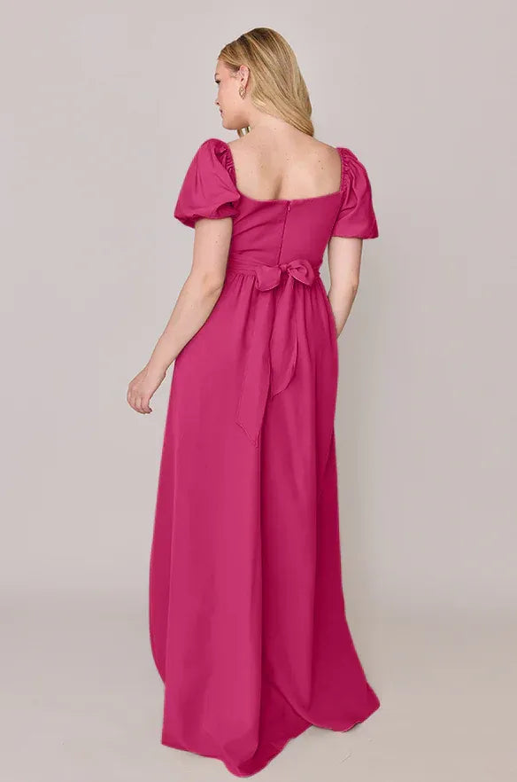 Vibrant A-Line Square Neck Puff Sleeve Tie-Back Slit Floor-Length Bridesmaid Dress