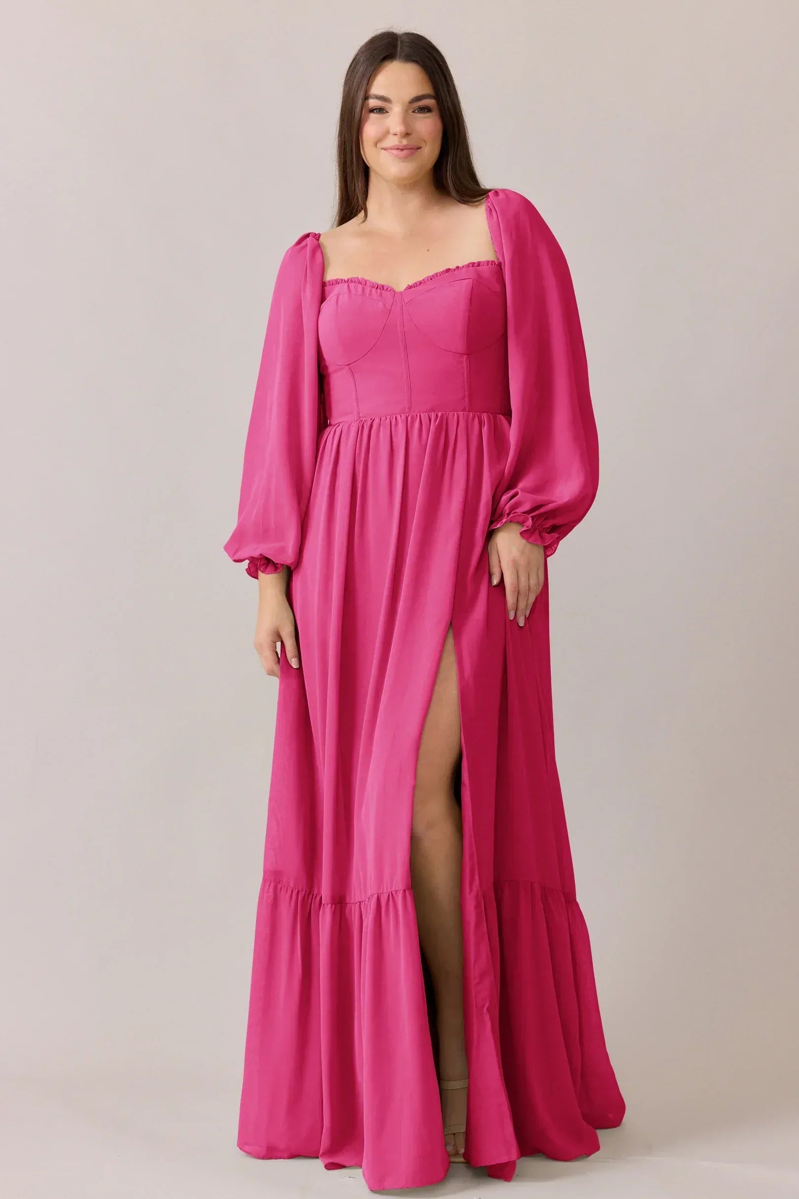 Vibrant A-Line Sweetheart Long Sleeve Low Back Slit Floor-Length Bridesmaid Dress