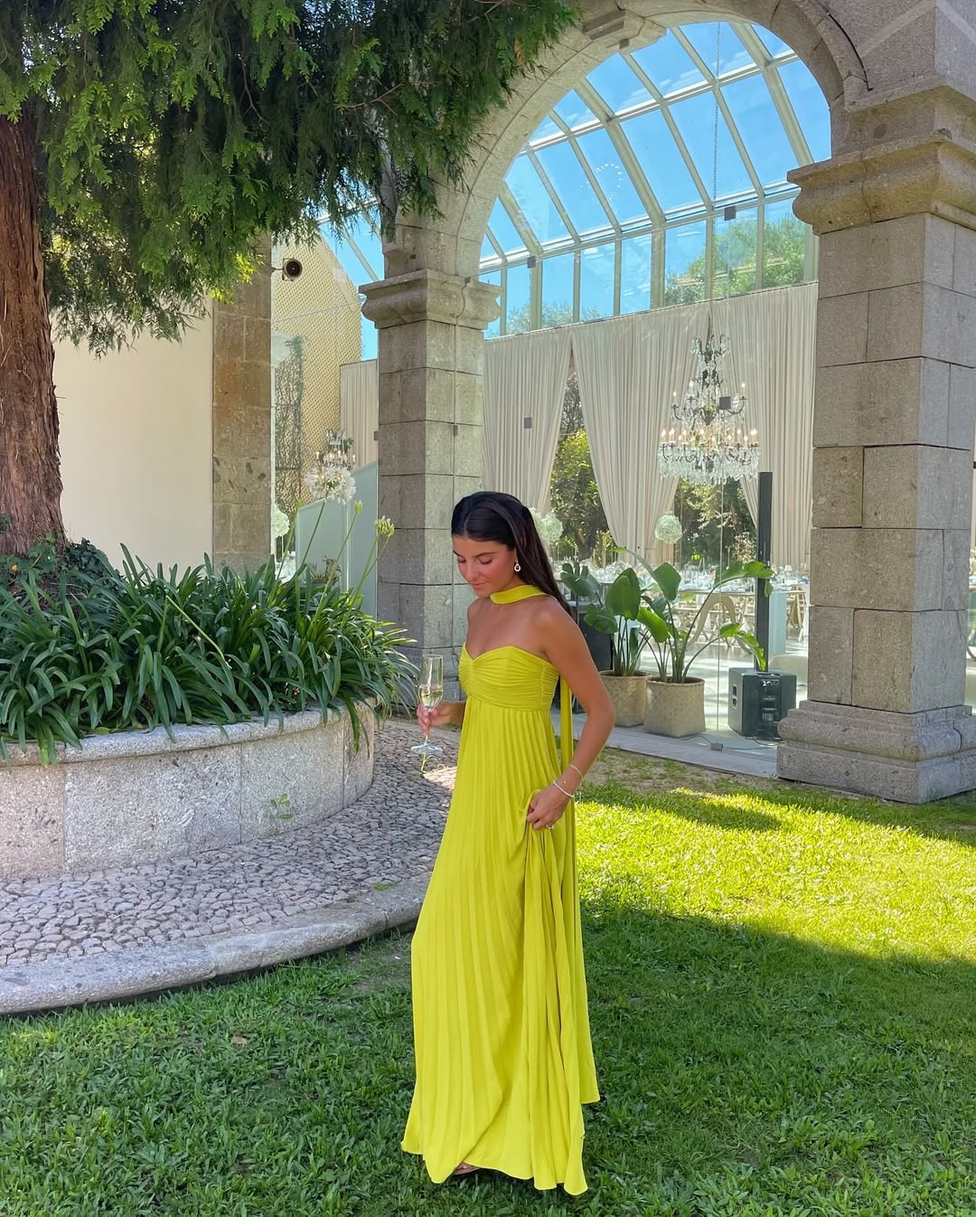 Vibrant Floor-Length Halter-Neck Pleated Chiffon Wedding Guest Dress