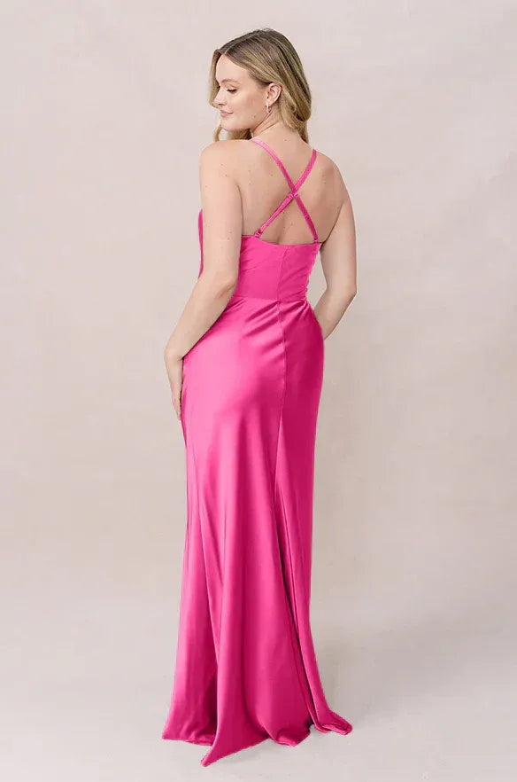 Vibrant Mermaid Cowl Neck Spaghetti Strap Crisscross Back Slit Floor-Length Bridesmaid Dress