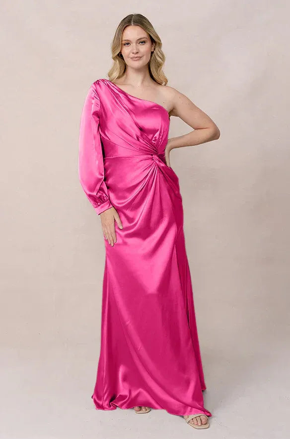 Vibrant Mermaid One-Shoulder Long Sleeve Open Back Floor-Length Bridesmaid Dress