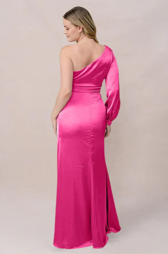 Vibrant Mermaid One-Shoulder Long Sleeve Open Back Floor-Length Bridesmaid Dress