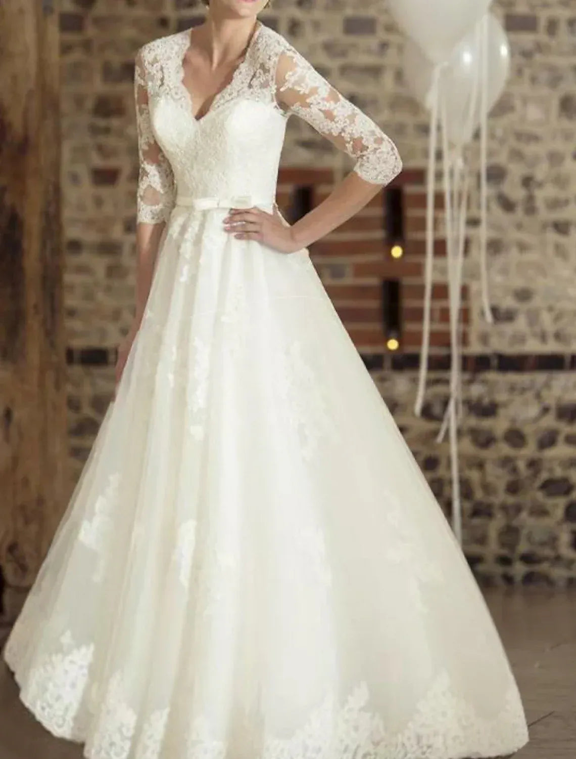 Vintage 3/4 Sleeve V Neck Lace Bodice Tulle A-Line Wedding Dress With Illusion Back Satin Sash Lace Hem Chapel Train
