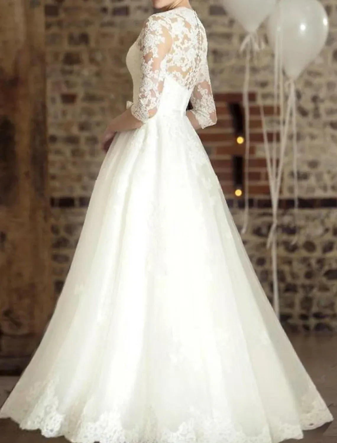 Vintage 3/4 Sleeve V Neck Lace Bodice Tulle A-Line Wedding Dress With Illusion Back Satin Sash Lace Hem Chapel Train