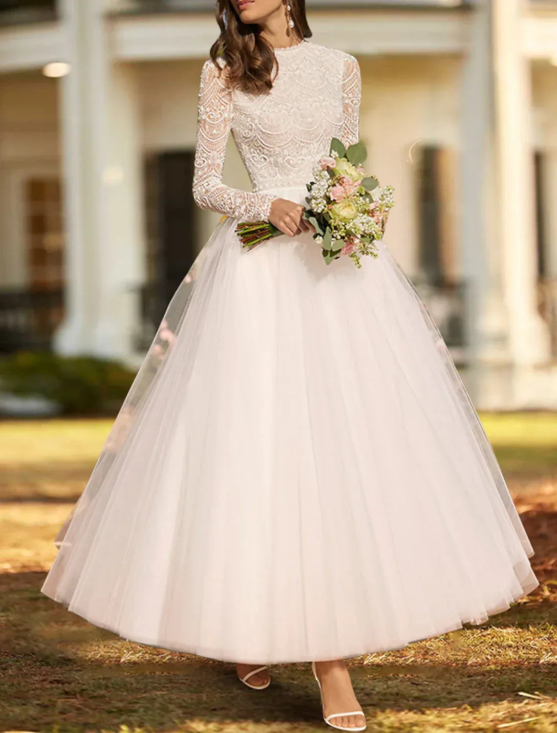 Vintage A-Line High Neck Lace Long Sleeve Keyhole Back Tea Wedding Dress