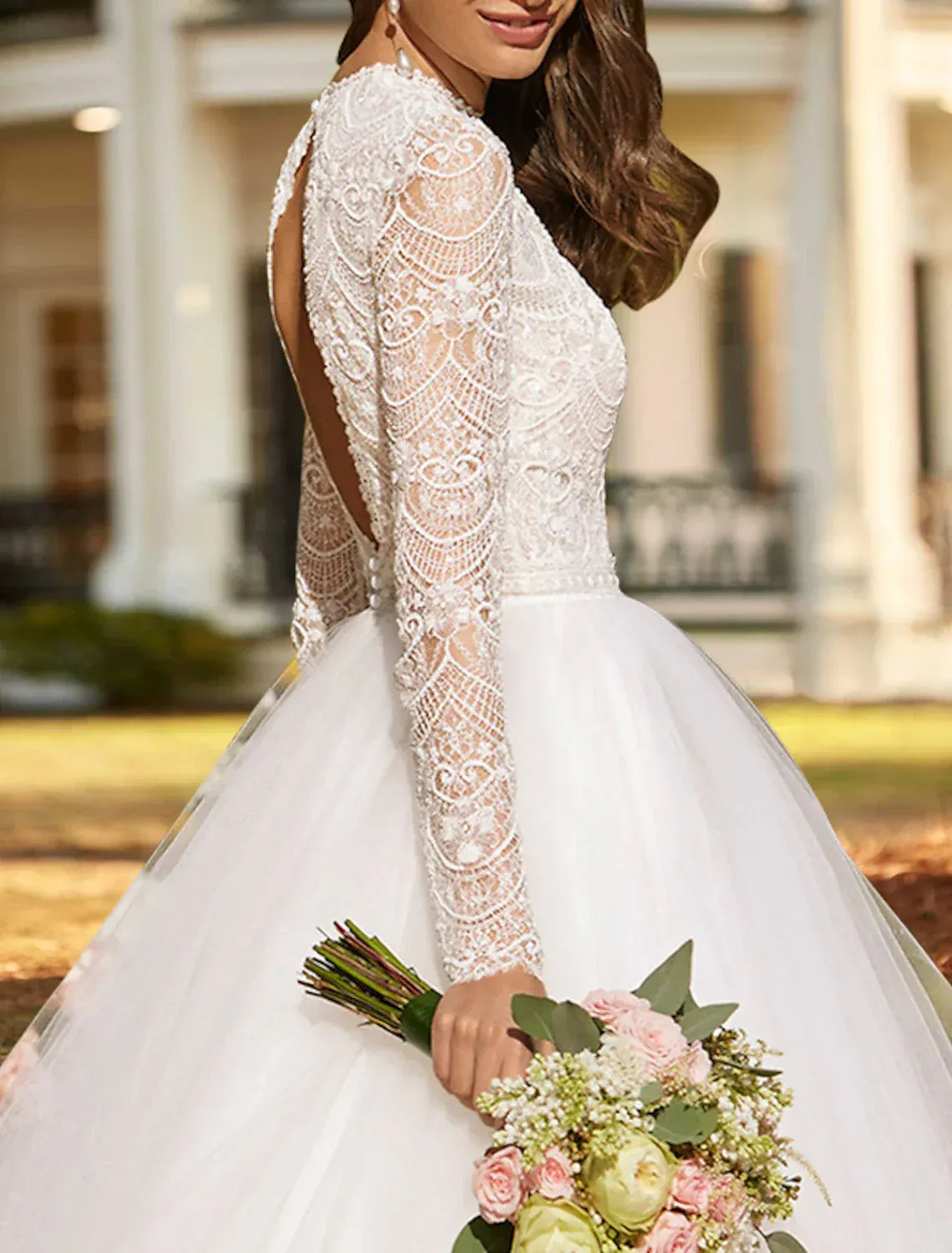 Vintage A-Line High Neck Lace Long Sleeve Keyhole Back Tea Wedding Dress