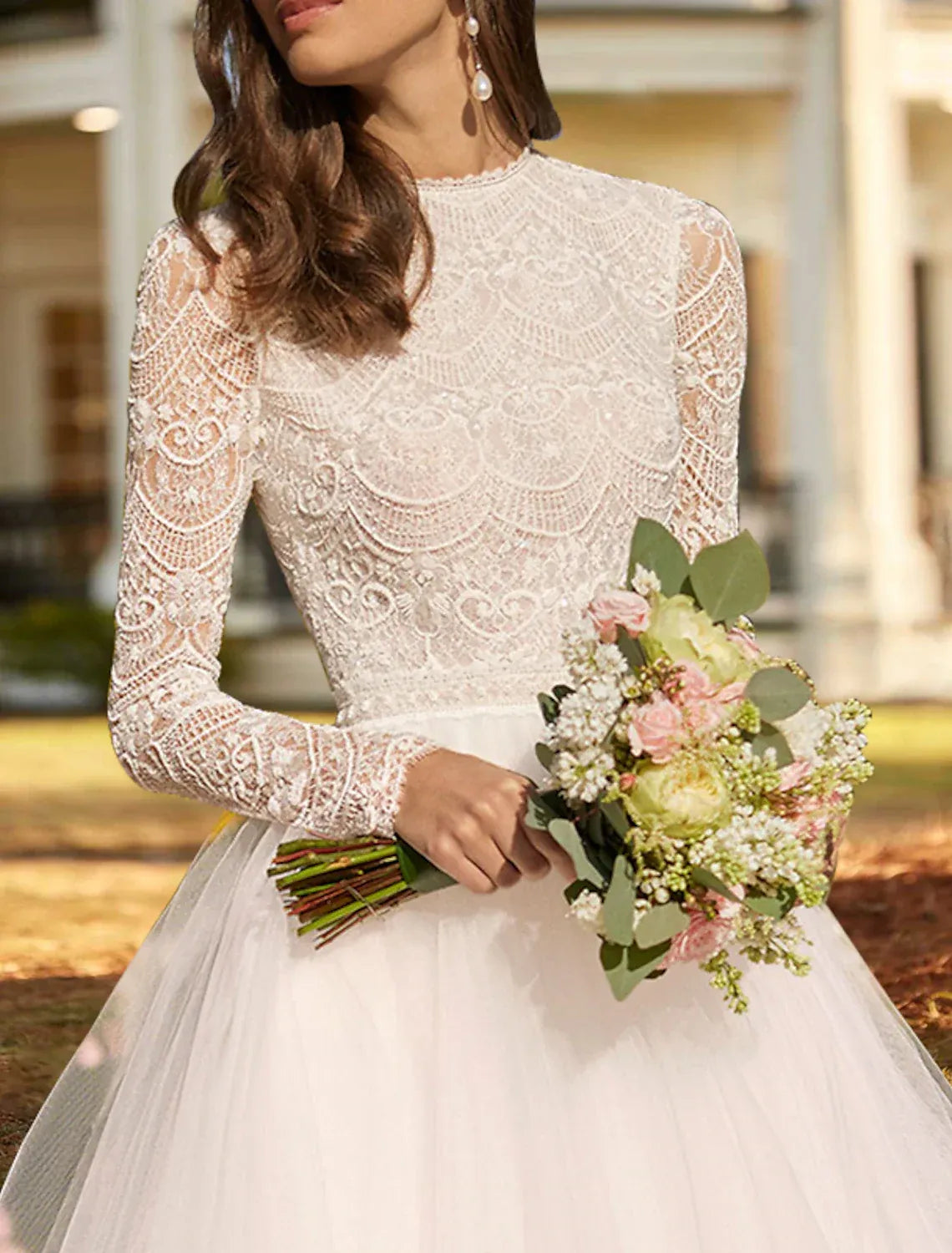 Vintage A-Line High Neck Lace Long Sleeve Keyhole Back Tea Wedding Dress
