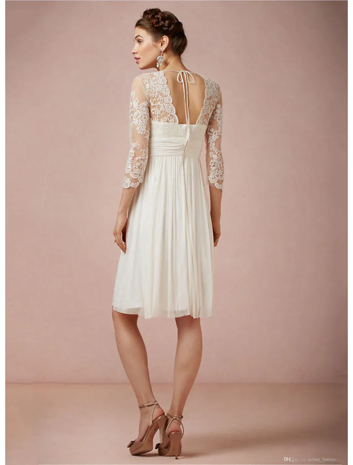 Vintage‑Chic Knee‑Length A‑Line Deep‑V 3/4‑Lace‑Sleeve Tie‑Back Chiffon Short Wedding Dresses For Elopement & Bridal Shower