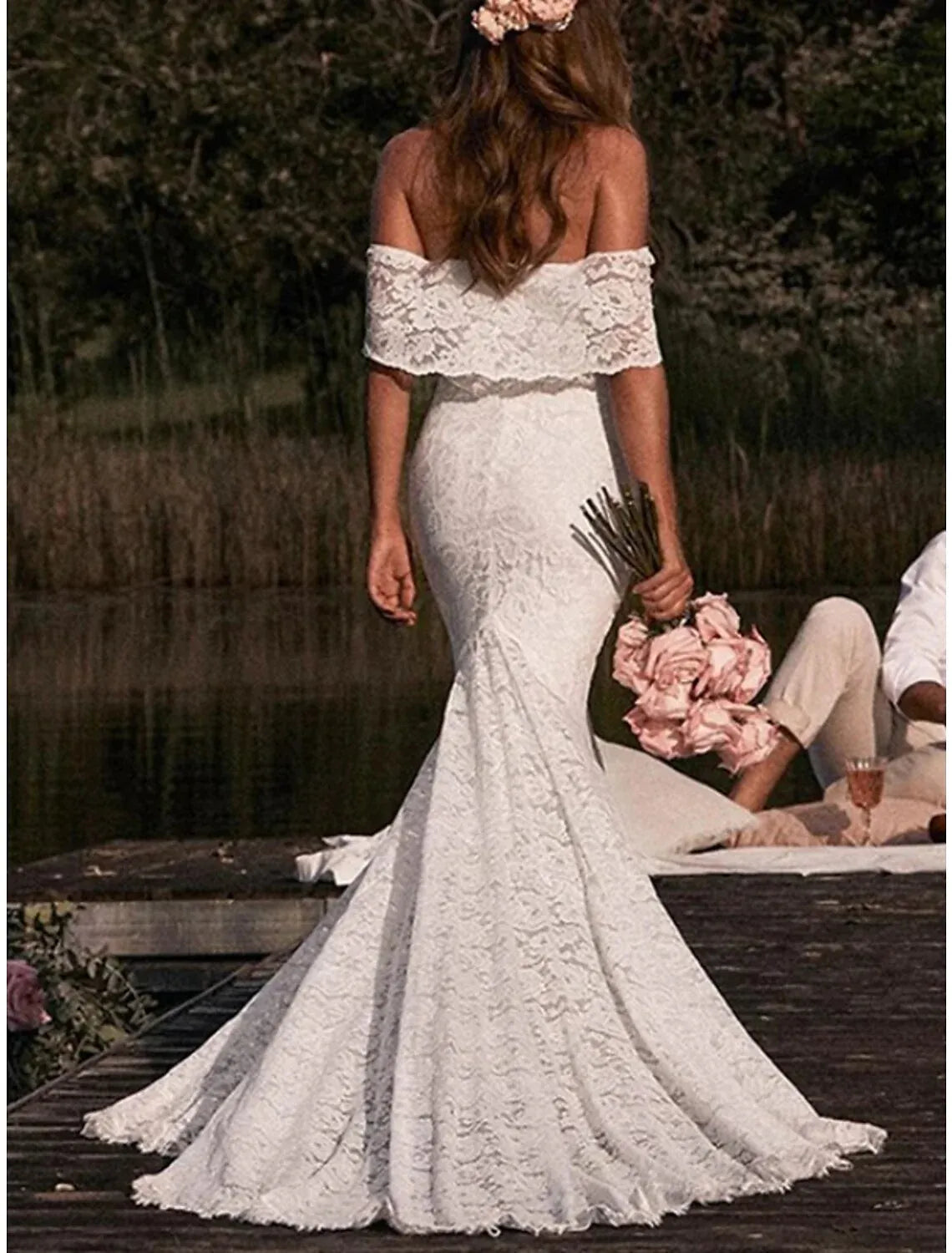 Vintage Mermaid Off-The-Shoulder Ruffle Full Lace Sweep Train Wedding Dress