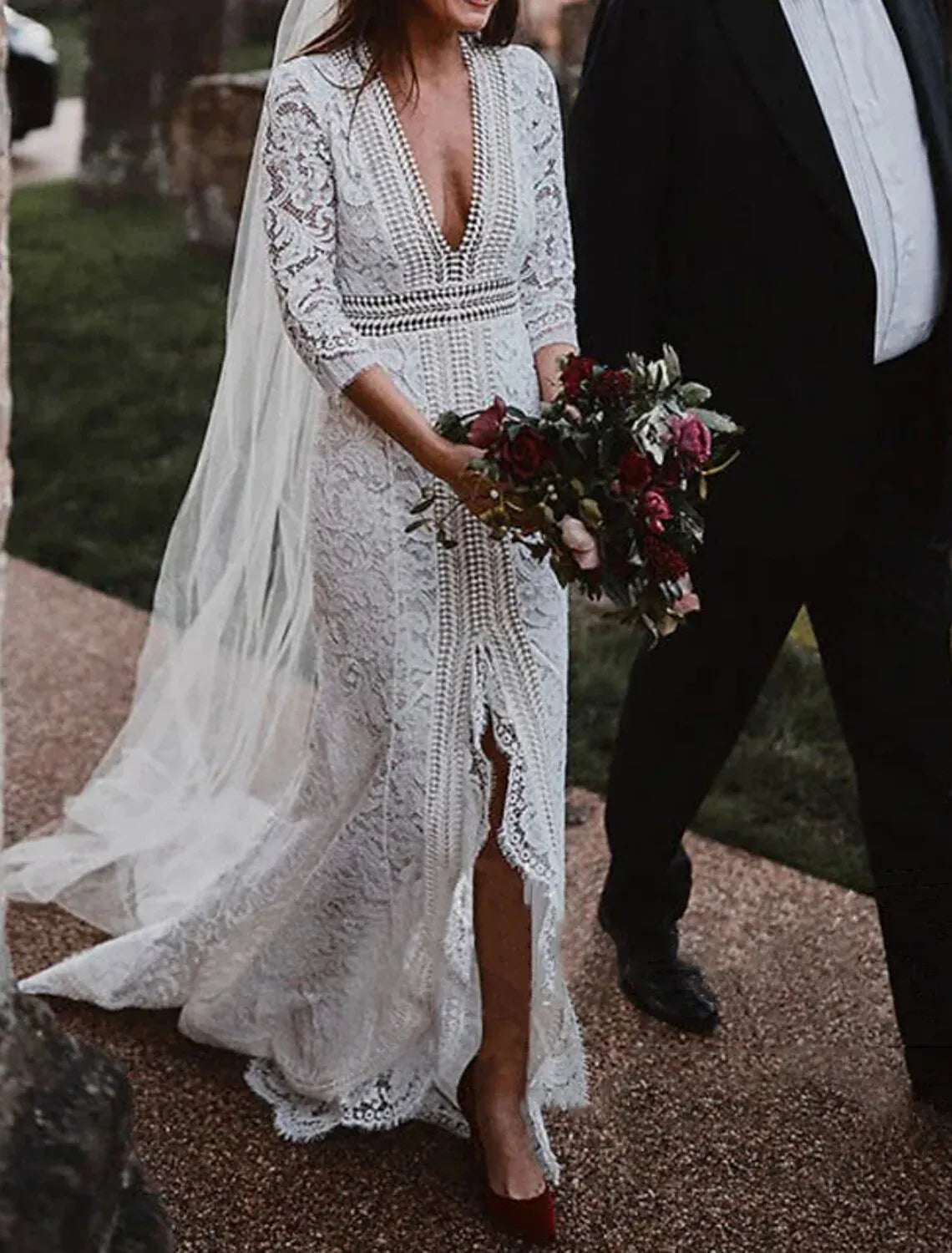 Vintage Mermaid Three Quarter Sleeve Deep V Geometric Crochet Lace High Slit Chapel Train Wedding Dress