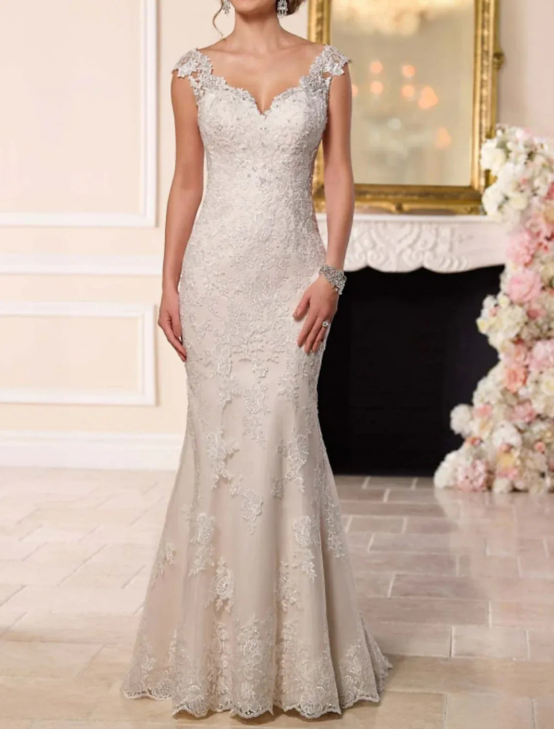 Vintage Off-The-Shoulder Cap Sleeve All Over Lace Mermaid Wedding Dress With Illusion Open Back Pearl Button Court Train