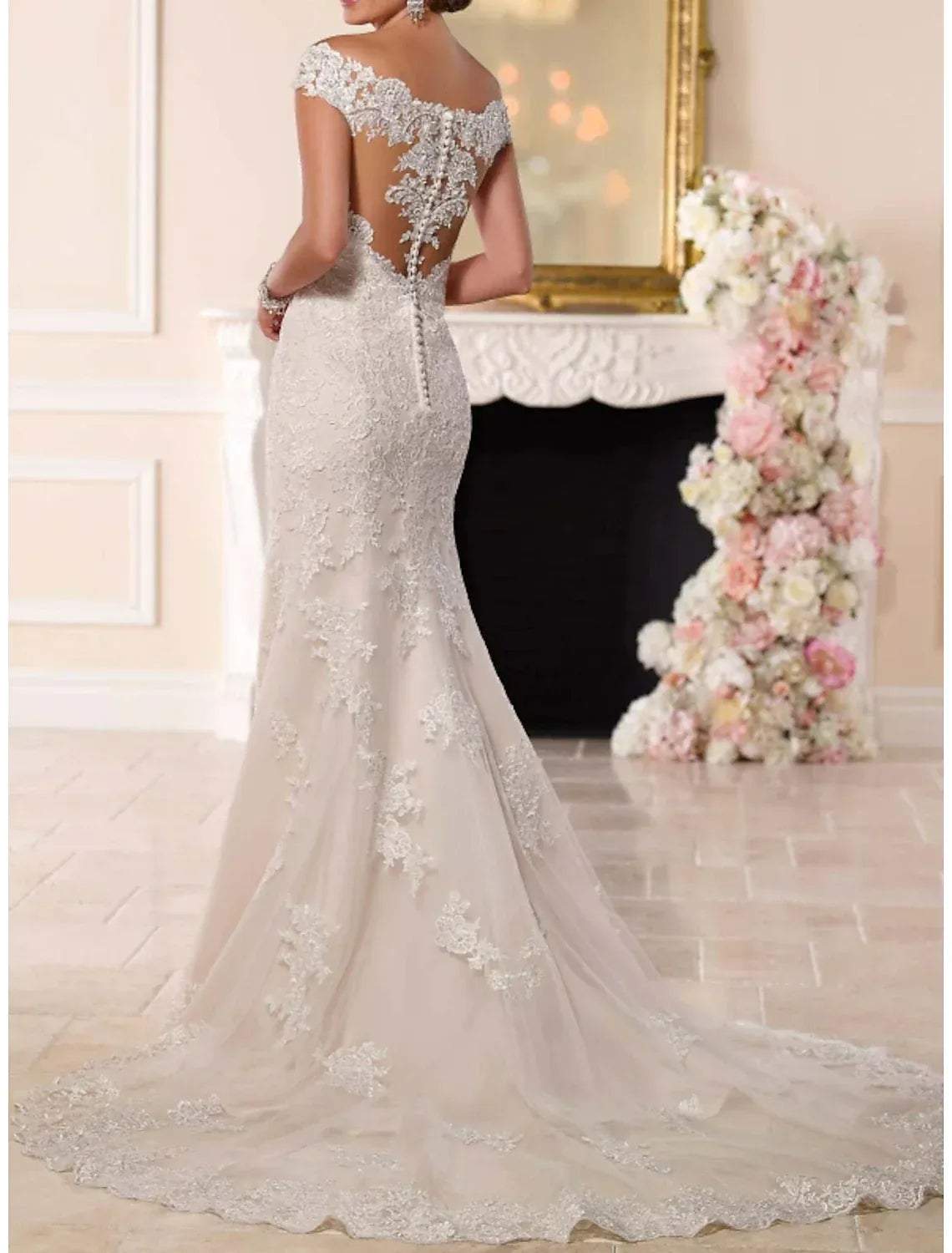 Vintage Off-The-Shoulder Cap Sleeve All Over Lace Mermaid Wedding Dress With Illusion Open Back Pearl Button Court Train