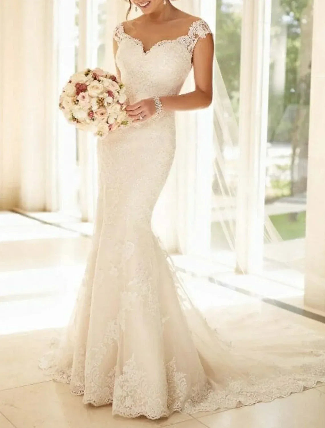 Vintage Off-The-Shoulder Cap Sleeve All Over Lace Mermaid Wedding Dress With Illusion Open Back Pearl Button Court Train