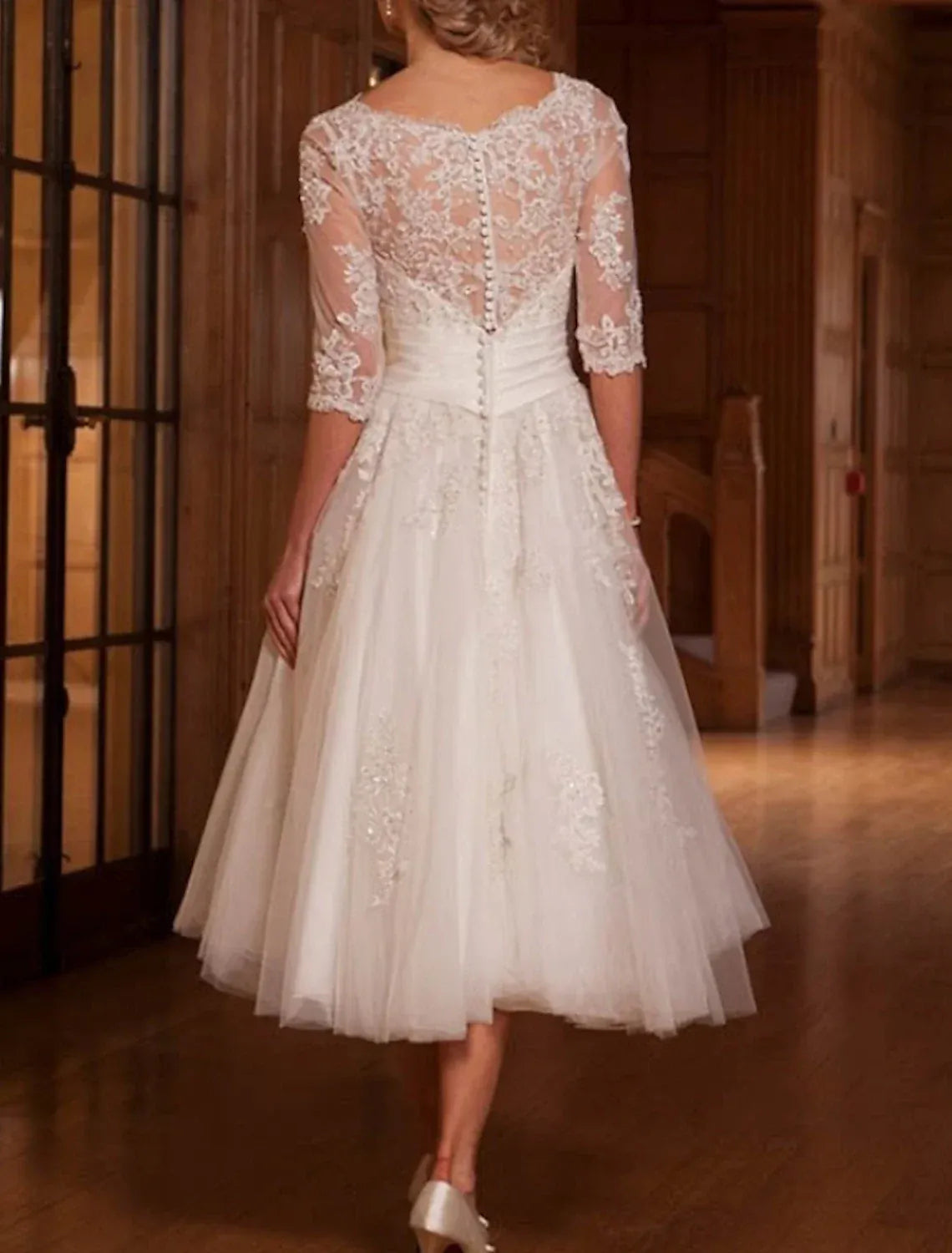Vintage Tea-Length Illusion Bateau Three Quarter Button Back Wedding Dress