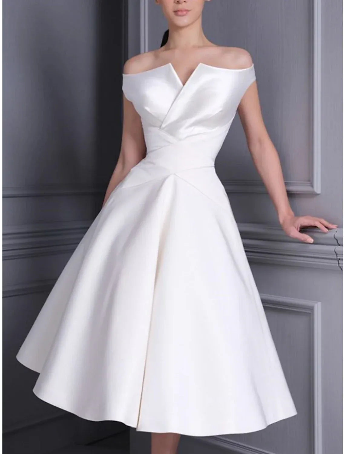 Vintage Tea-Length Off Shoulder V Fold Satin A-Line Wedding Dress