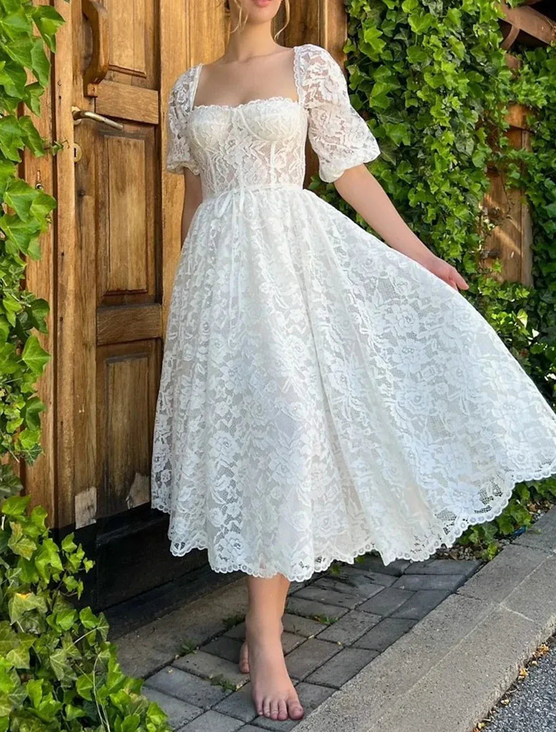 Vintage Tea-Length Square Neck Puff Short Sleeve Full Floral Lace Corset Wedding Dress