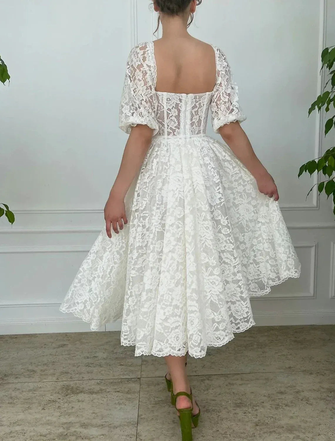 Vintage Tea-Length Square Neck Puff Short Sleeve Full Floral Lace Corset Wedding Dress