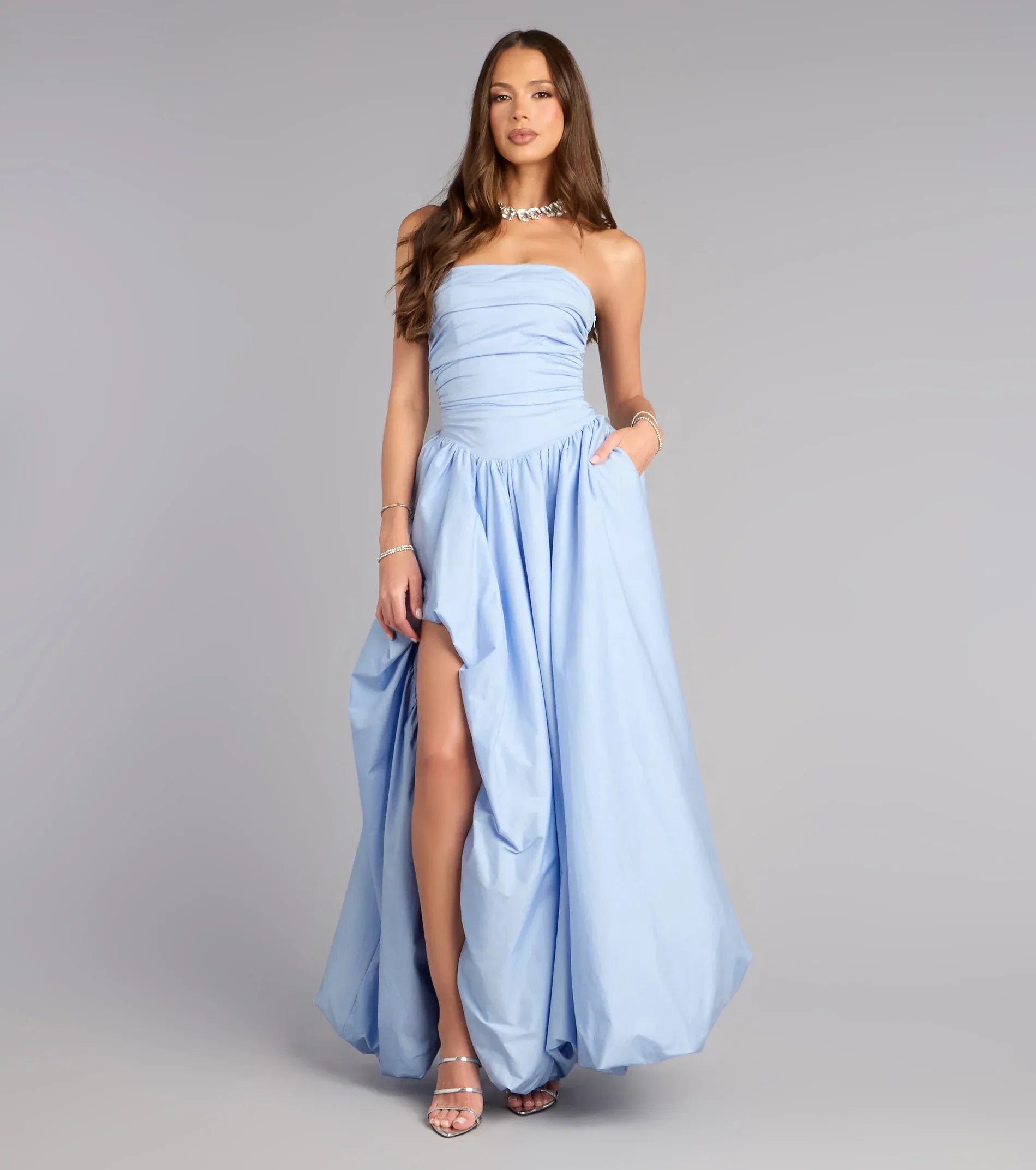 Voluminous A-Line Strapless Lace-Up-Back Ruched Slit Pocket Maxi Wedding Guest Dress
