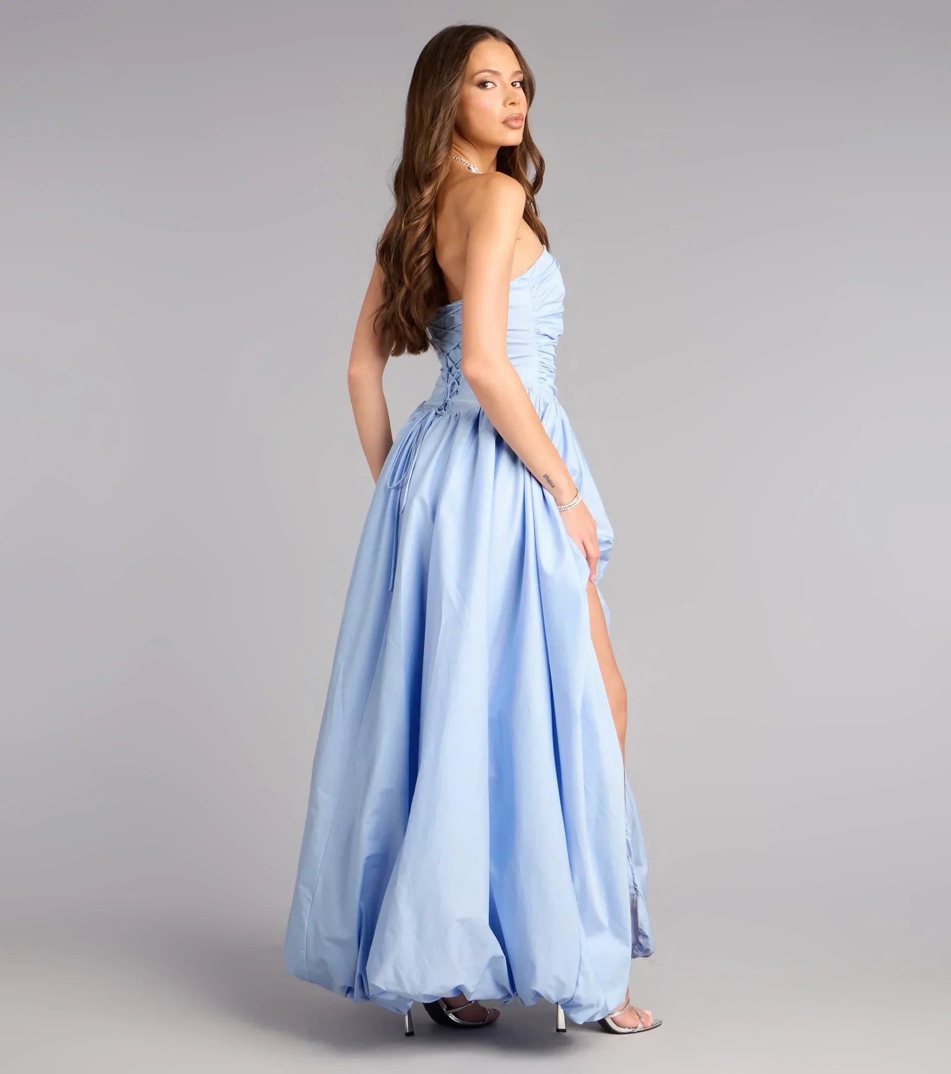 Voluminous A-Line Strapless Lace-Up-Back Ruched Slit Pocket Maxi Wedding Guest Dress