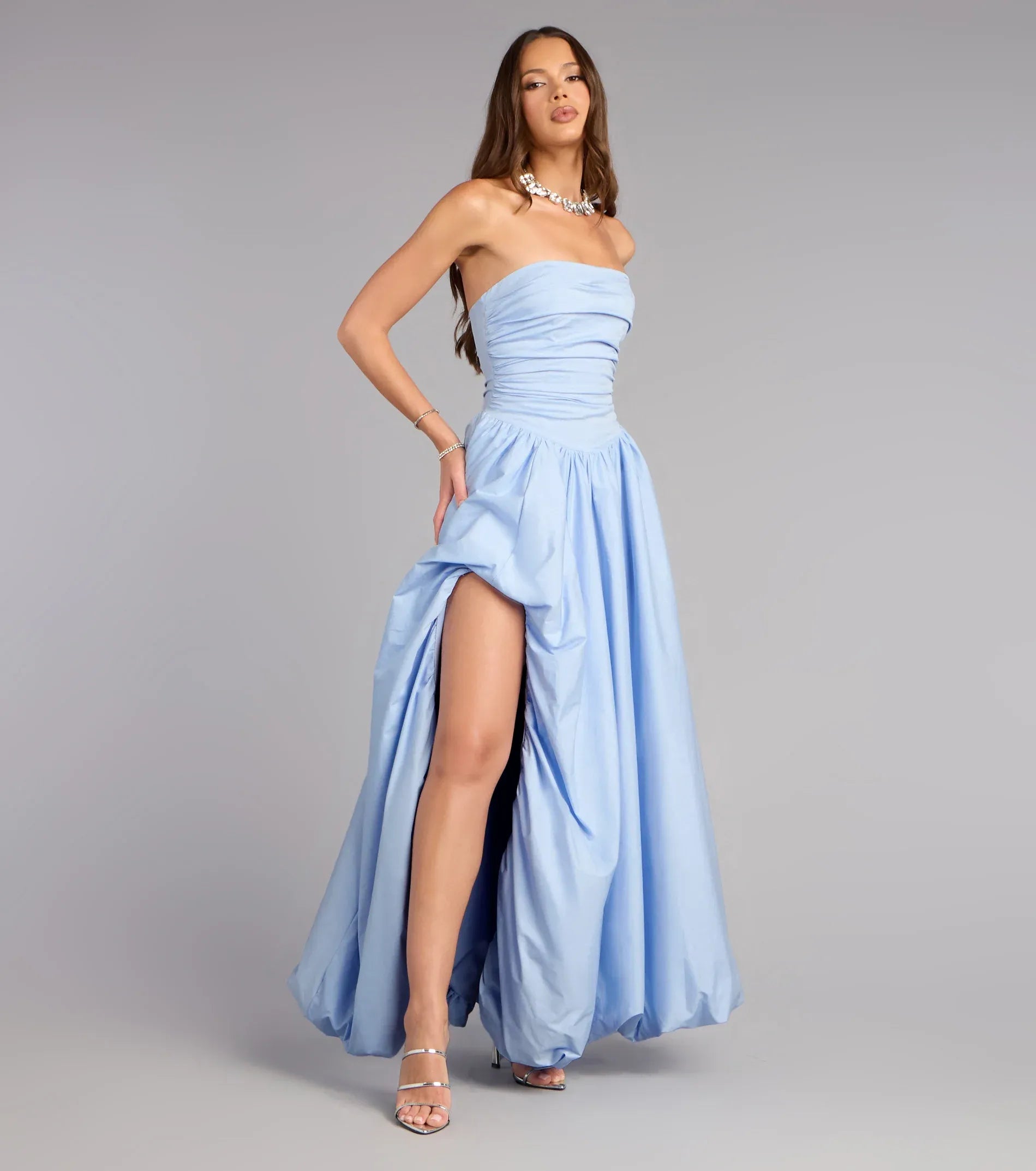 Voluminous A-Line Strapless Lace-Up-Back Ruched Slit Pocket Maxi Wedding Guest Dress
