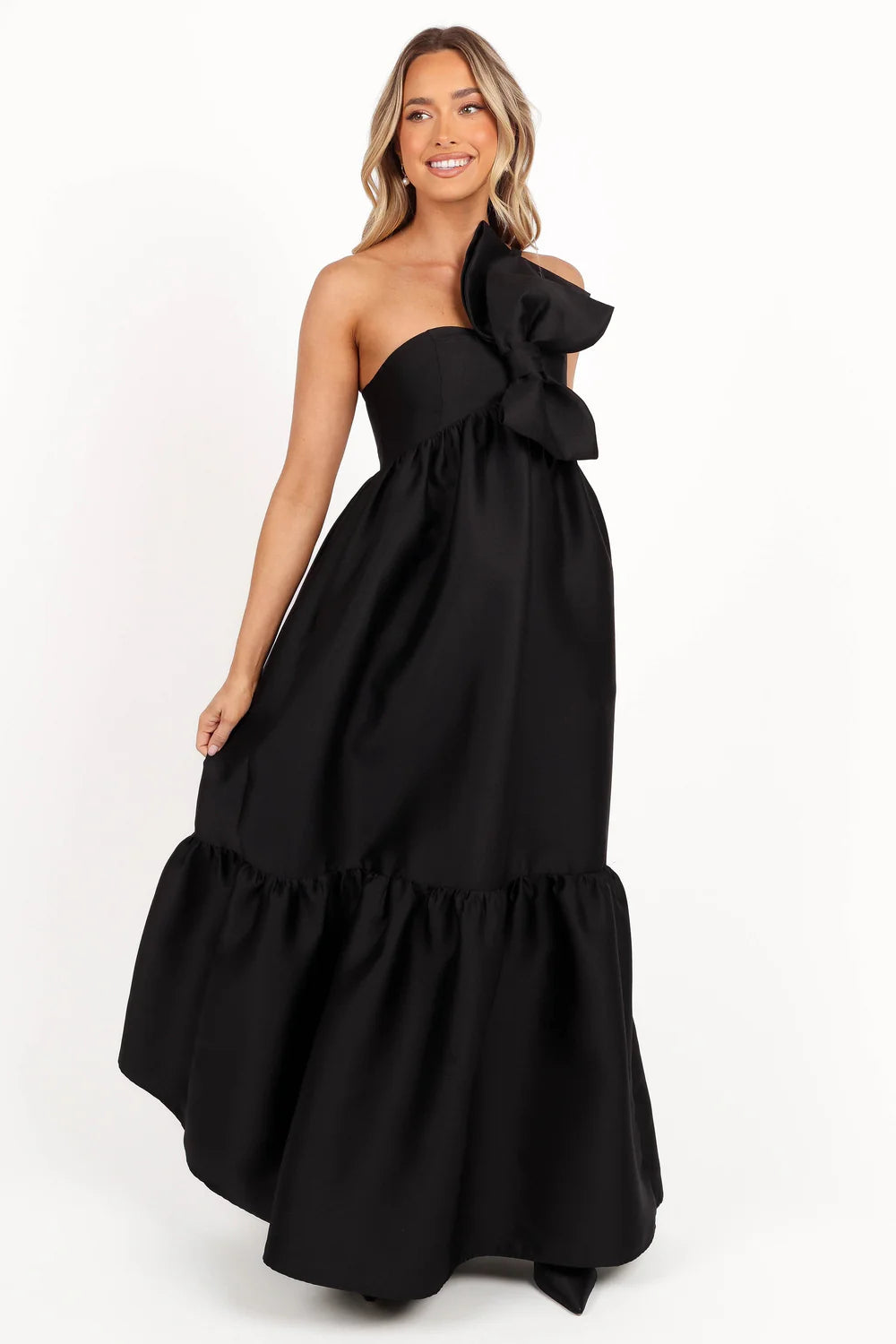 Voluminous A-Line Strapless Single Strap Bow Detail Floor-Length Wedding Guest Dress