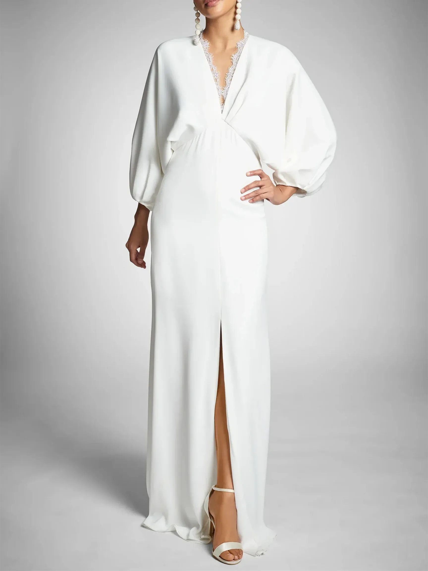 Voluminous Balloon Long Sleeve Lace Trim V Neck High Slit Matte Crepe Maternity Wedding Dress