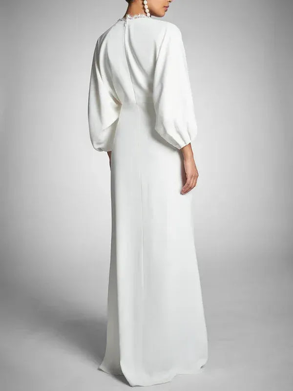 Voluminous Balloon Long Sleeve Lace Trim V Neck High Slit Matte Crepe Maternity Wedding Dress
