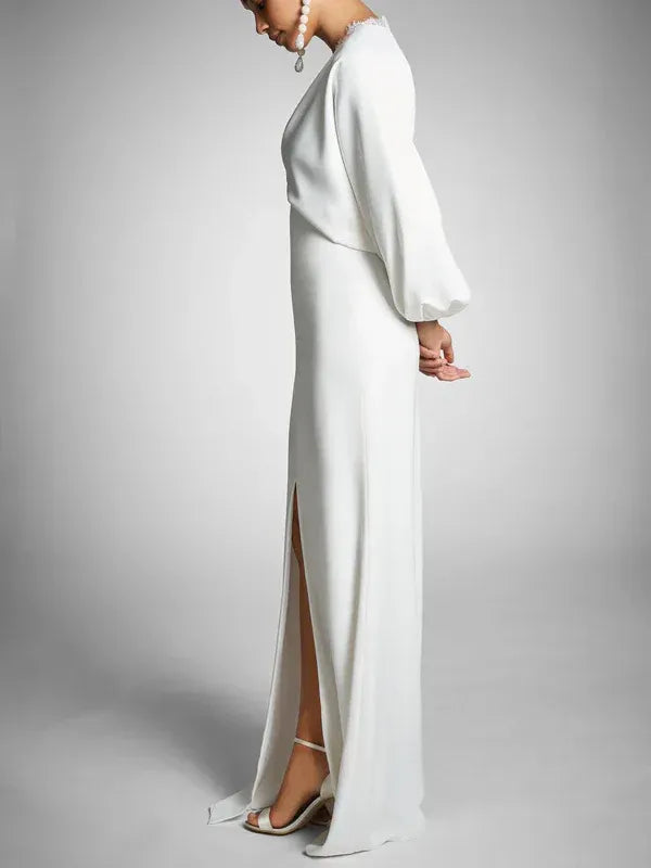 Voluminous Balloon Long Sleeve Lace Trim V Neck High Slit Matte Crepe Maternity Wedding Dress