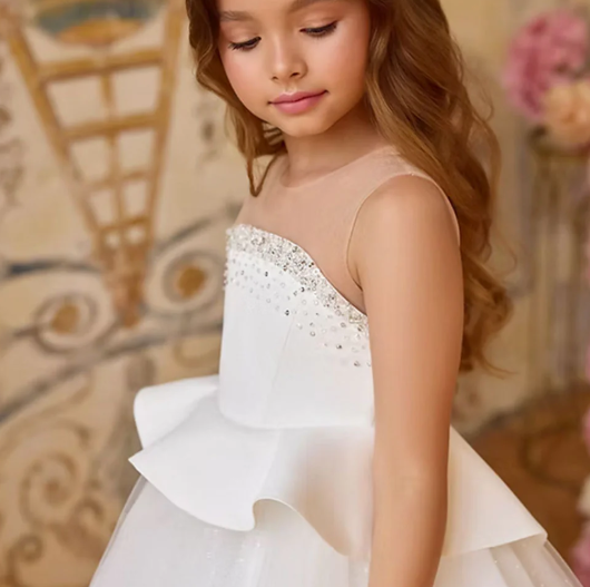 Luxury White Black Flower Girl Dress with Beaded Bodice and Tulle Skirt