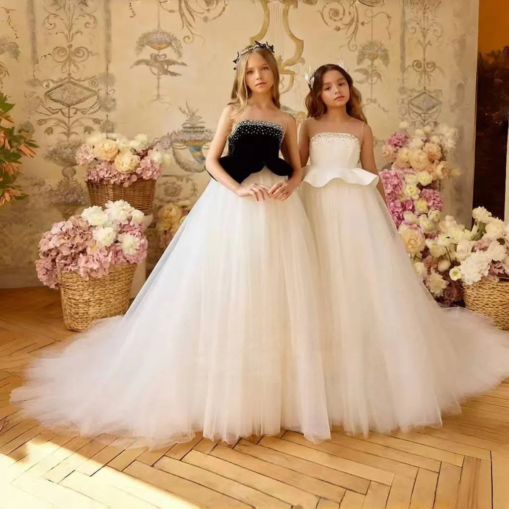 Luxury White Black Flower Girl Dress with Beaded Bodice and Tulle Skirt