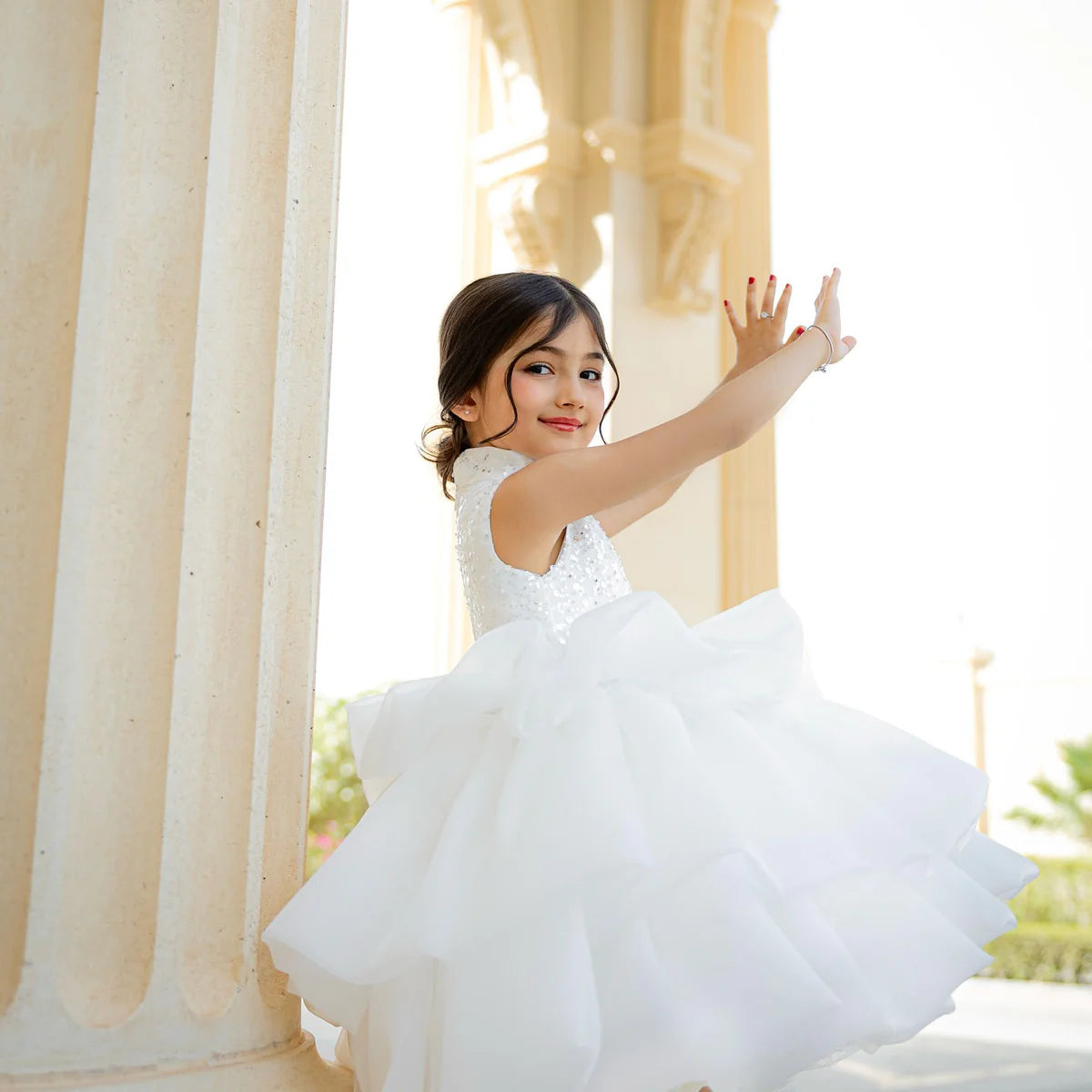Elegant White Sleeveless Flower Girl Dress for Kids Holiday Party Ball Gown