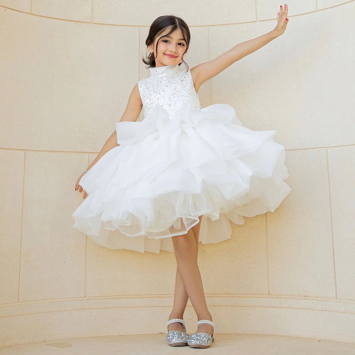 Elegant White Sleeveless Flower Girl Dress for Kids Holiday Party Ball Gown