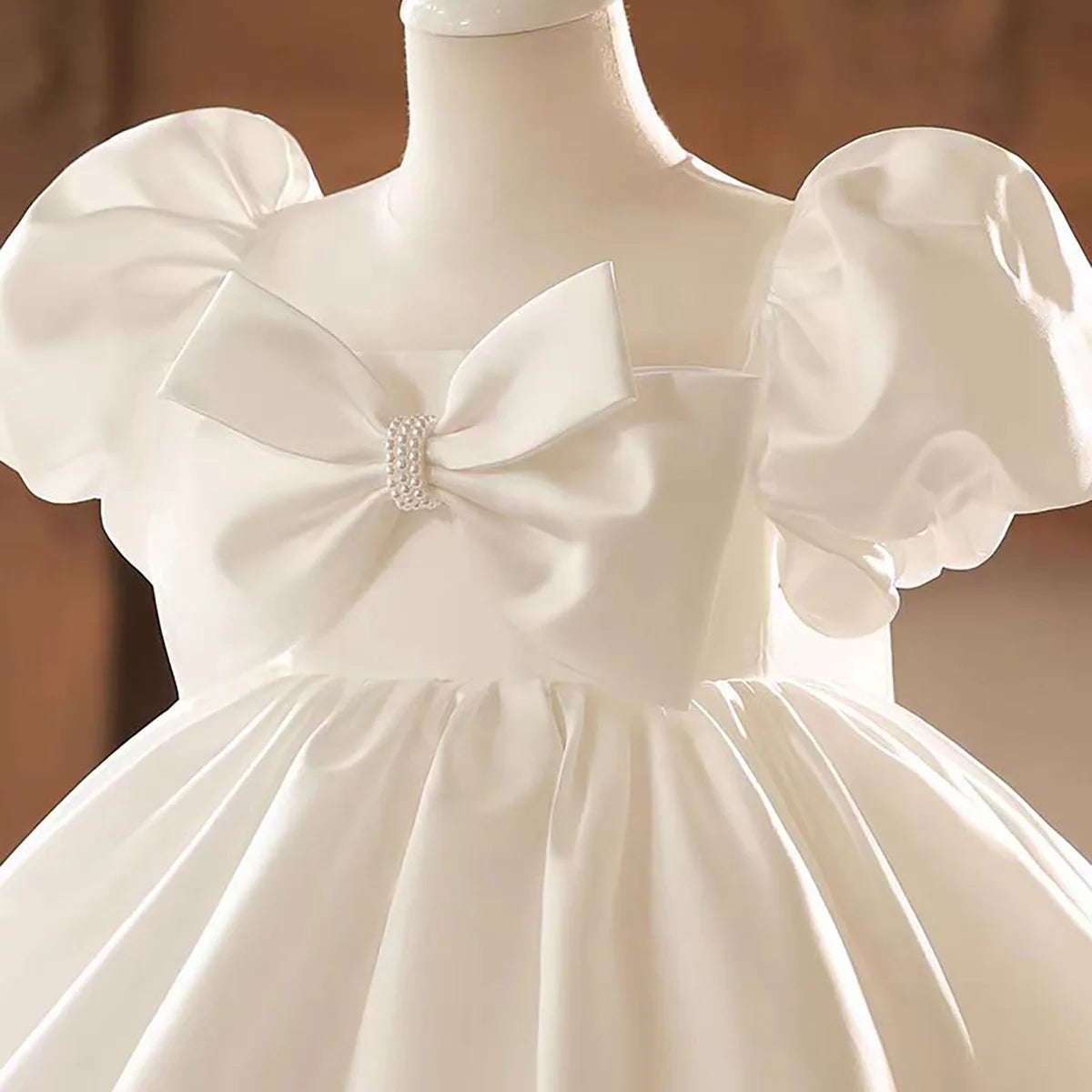 Elegant Square Collar Bowed Satin Flower Girl Dress