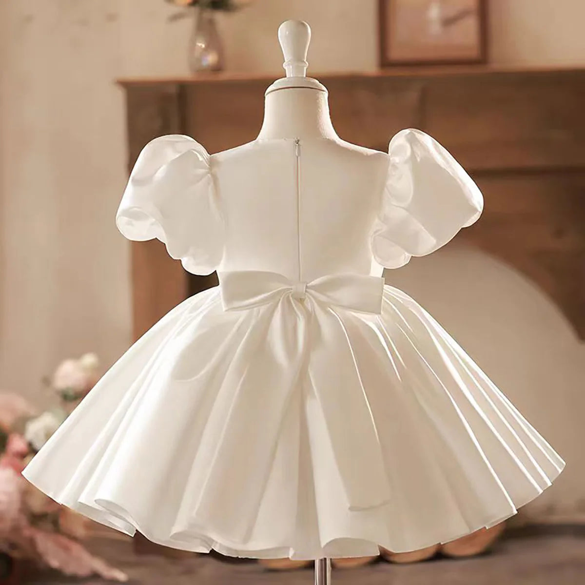 Elegant Square Collar Bowed Satin Flower Girl Dress