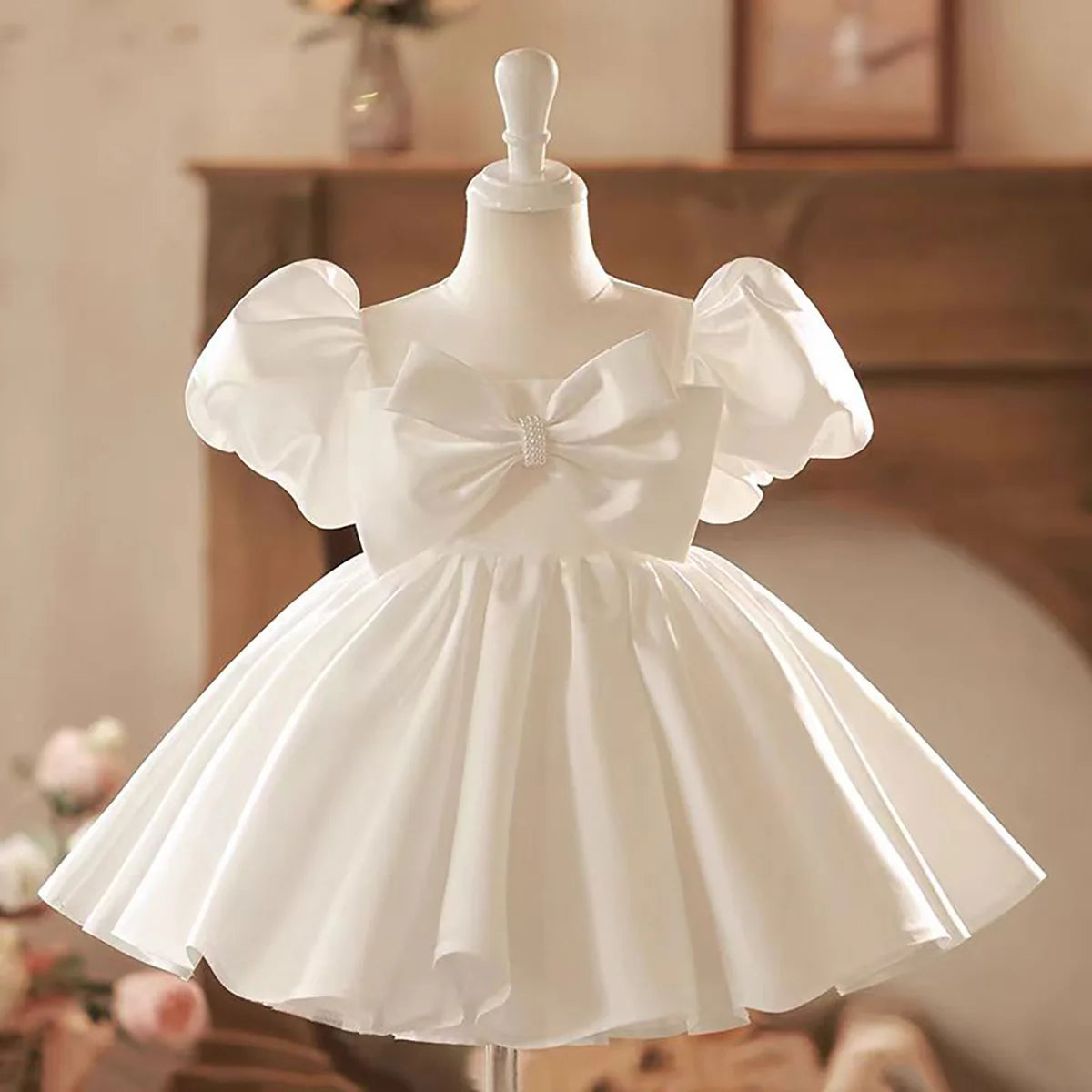 Elegant Square Collar Bowed Satin Flower Girl Dress