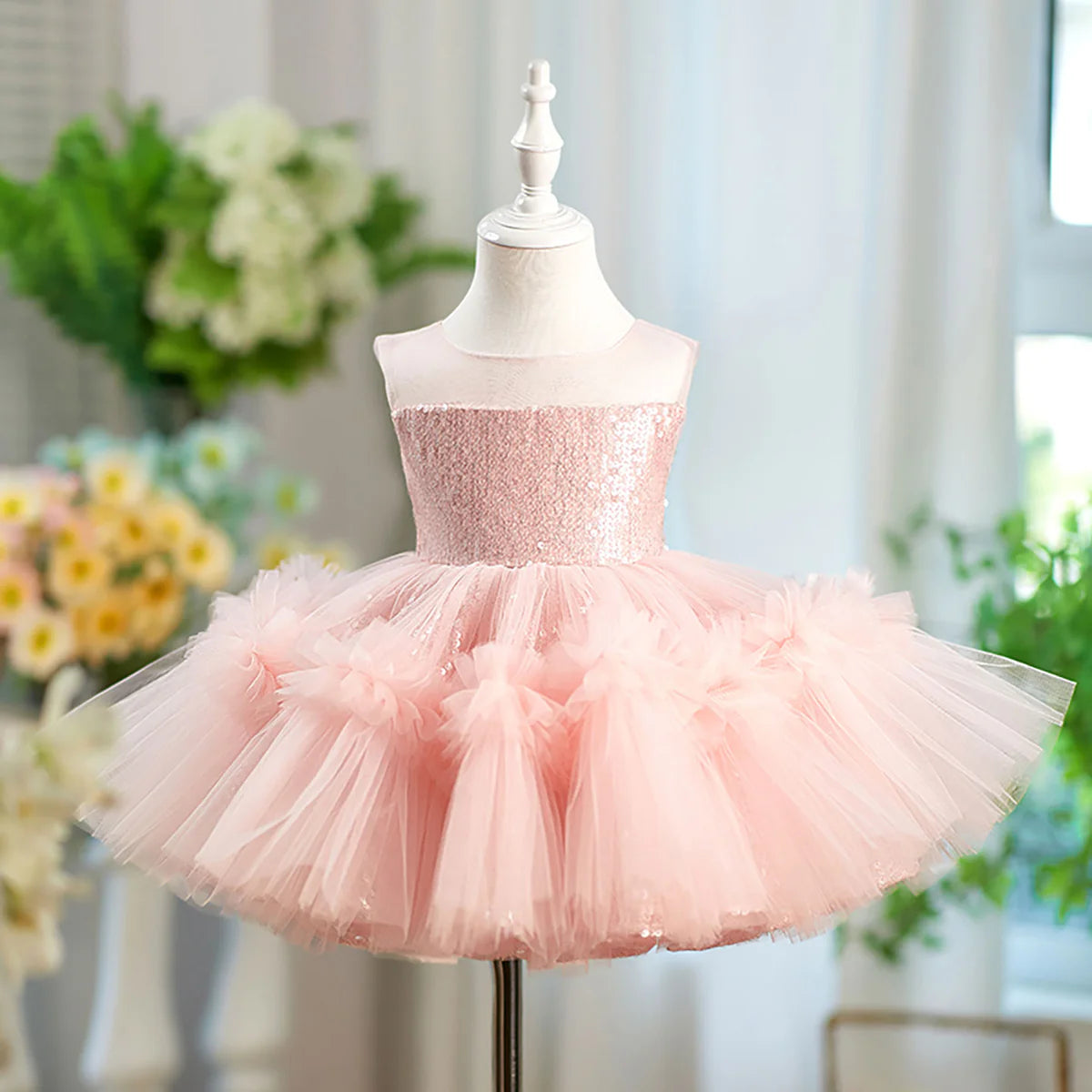 Romantic Sleeveless Sequined Tulle Flower Girl Dress Bow