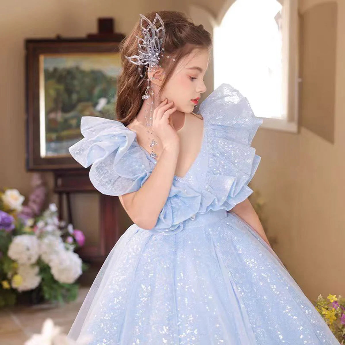 Fashion V-Neck A-Line Ruffled Blue Flower Girl Dress