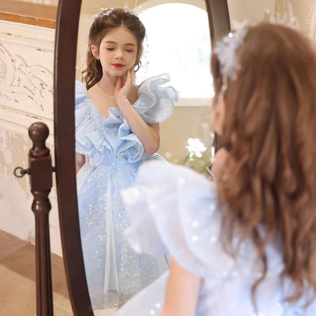 Fashion V-Neck A-Line Ruffled Blue Flower Girl Dress