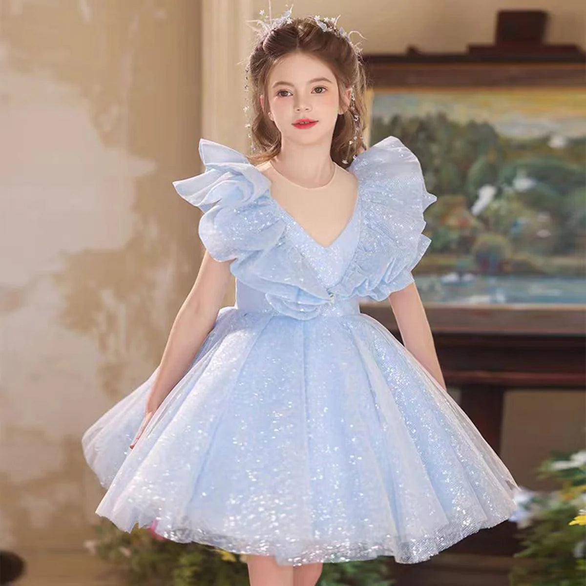 Fashion V-Neck A-Line Ruffled Blue Flower Girl Dress