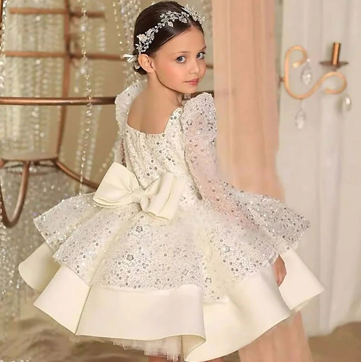 Luxury Beading Long Sleeves Flower Girl Dress With Bow